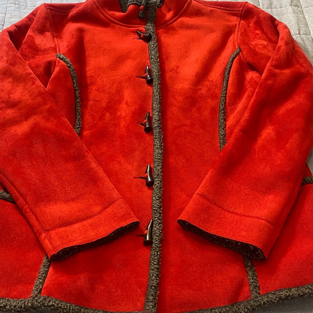 Cozy in Red! Vintage Faux Suede Sherpa Lined Very Warm Duffle Winter Coat